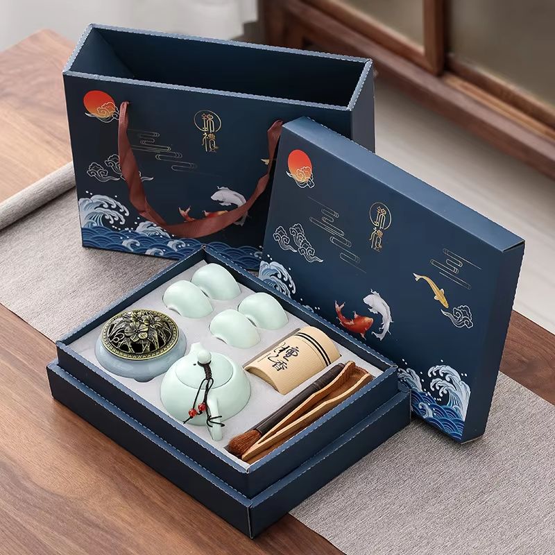 Chinese Kungfu Tea Set with Pot, Four Cups, Sandalwood Stove and Incense Burner Gift Box