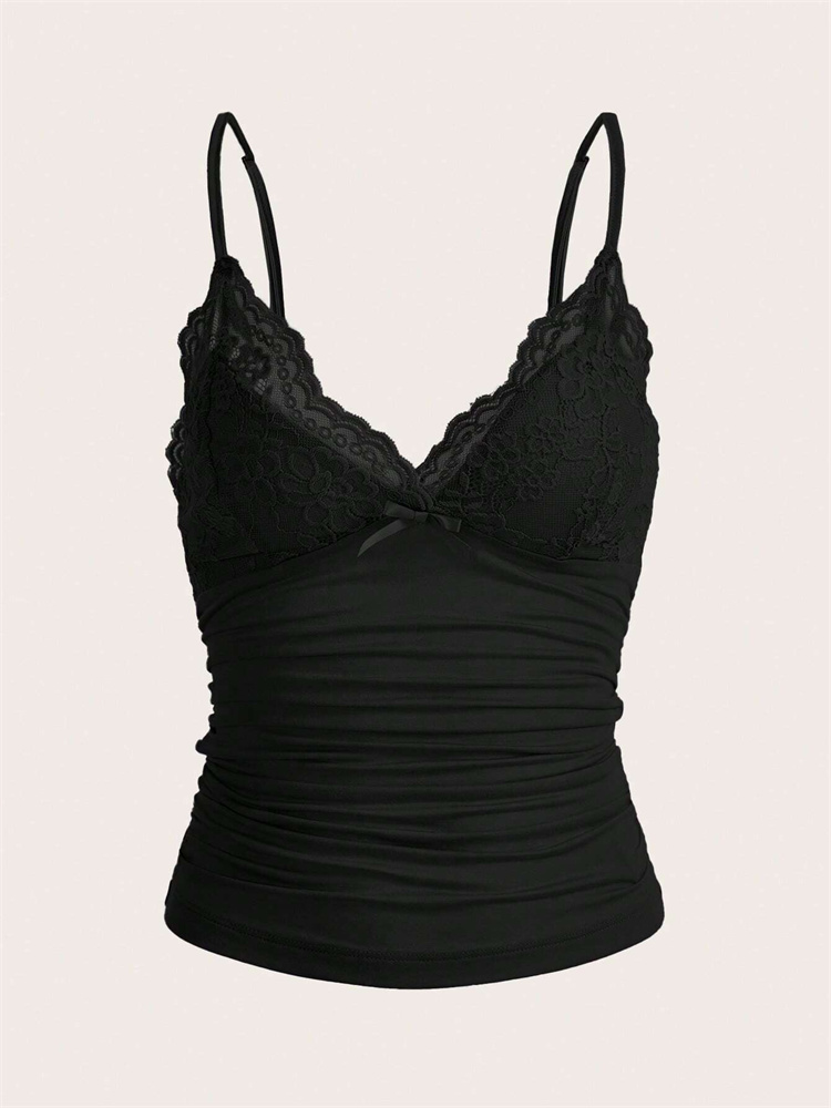 Sexy Contrast Lace Bow Front Cami Top, Women Summer Grunge, Punk Y2K Clothes, Ruched Skinny Backless Tee Shirt