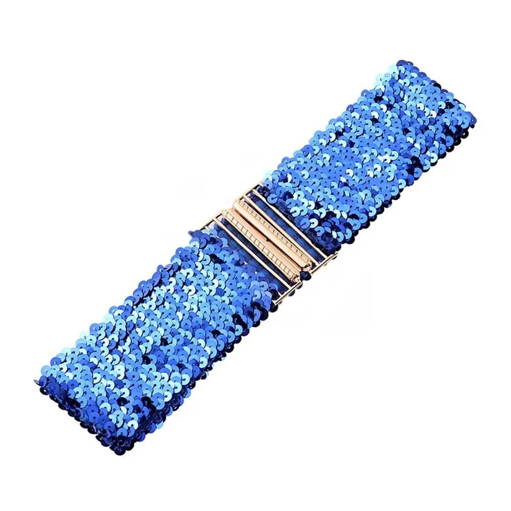 GlamCurve Wide Sequin Elastic Waist Belt with Gold Buckle