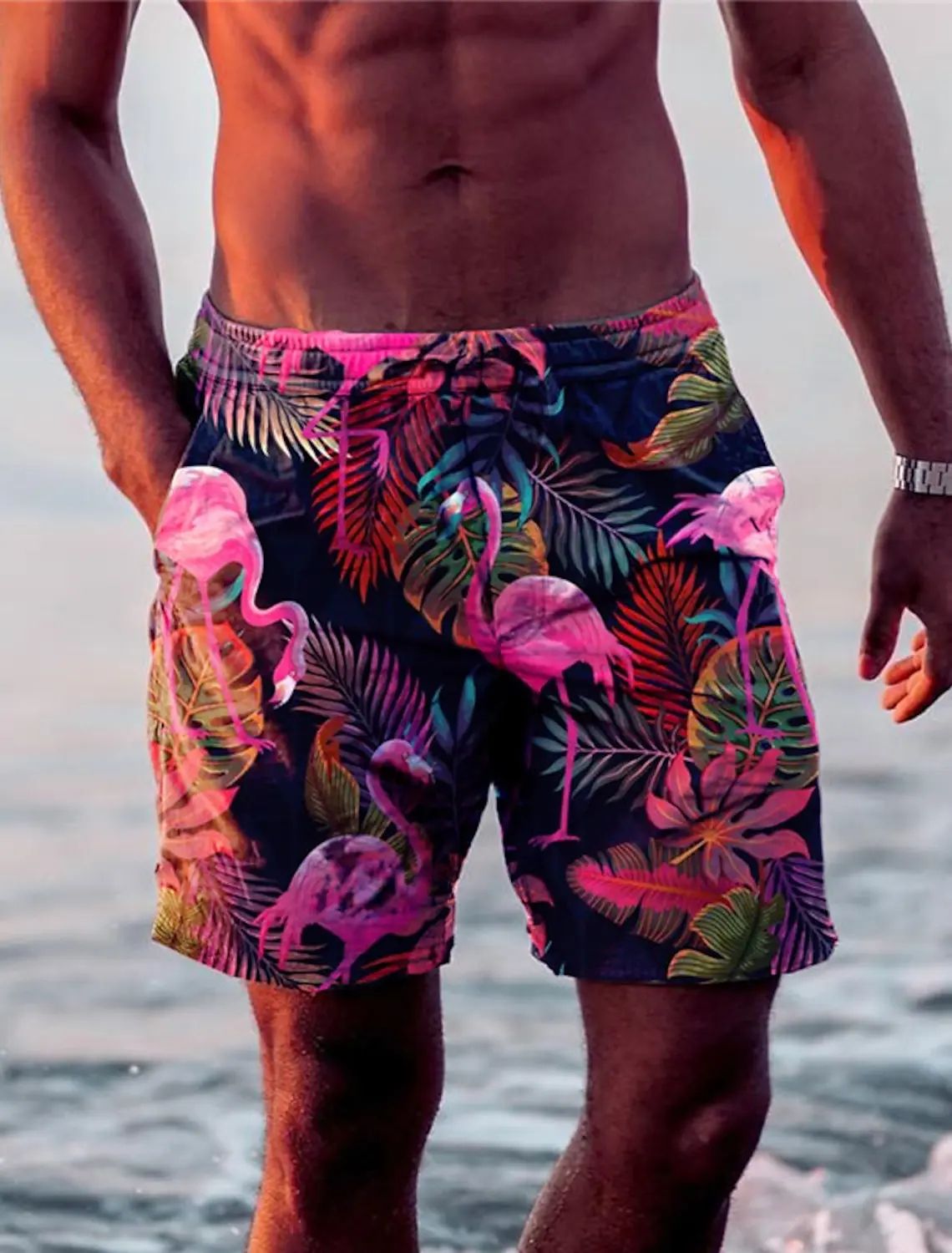 Mens Quick Dry Hawaiian Swim Shorts with Flamingo Print