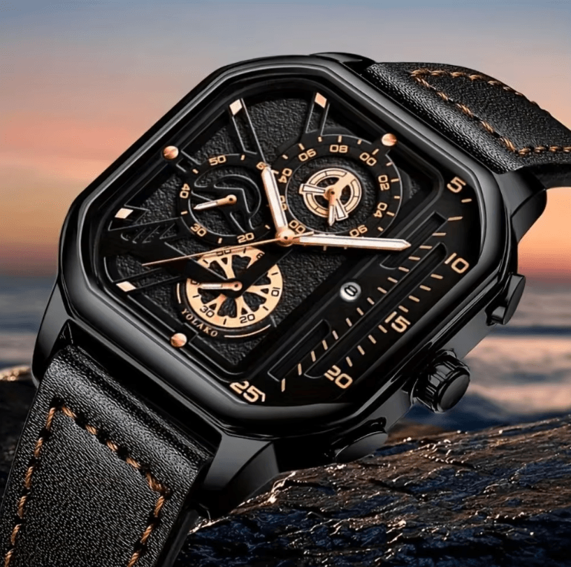 Mens Square Big Dial Watch PU Leather Strap Quartz Casual Sports Wristwatch