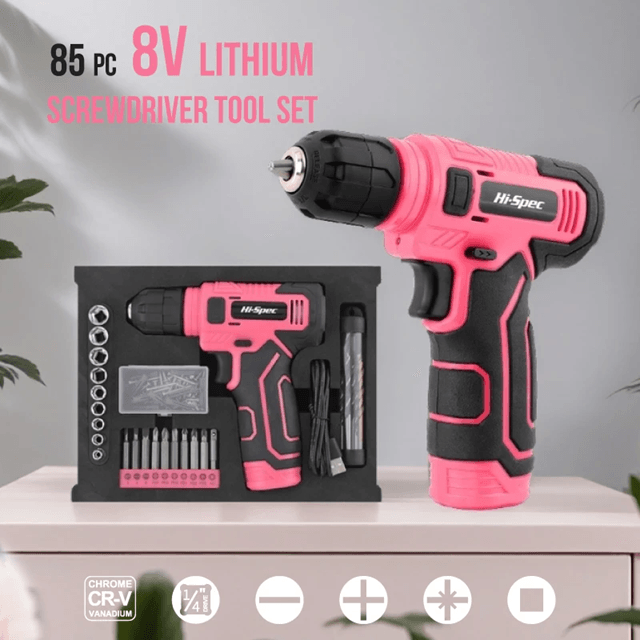 Hi Spec 133 Piece Pink Power Tool Set with 8V Lithium Drill and Toolbox