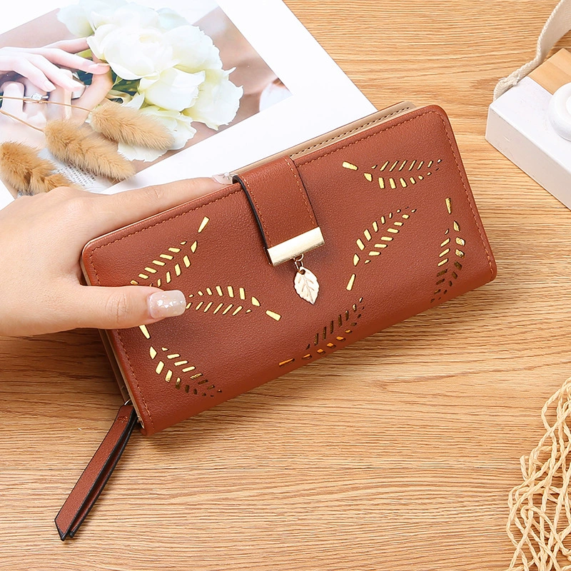 Sleek Womens Long PU Leather Wallet with Intricate Leaf Design, Large Capacity Cardholder Clutch