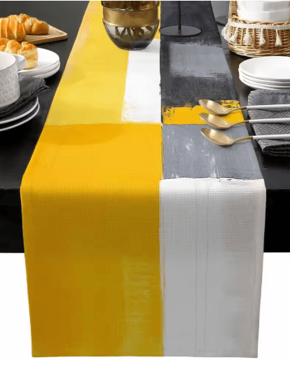 Abstract Linen Table Runner Modern Yellow Grey Geometric Dining Table Decor