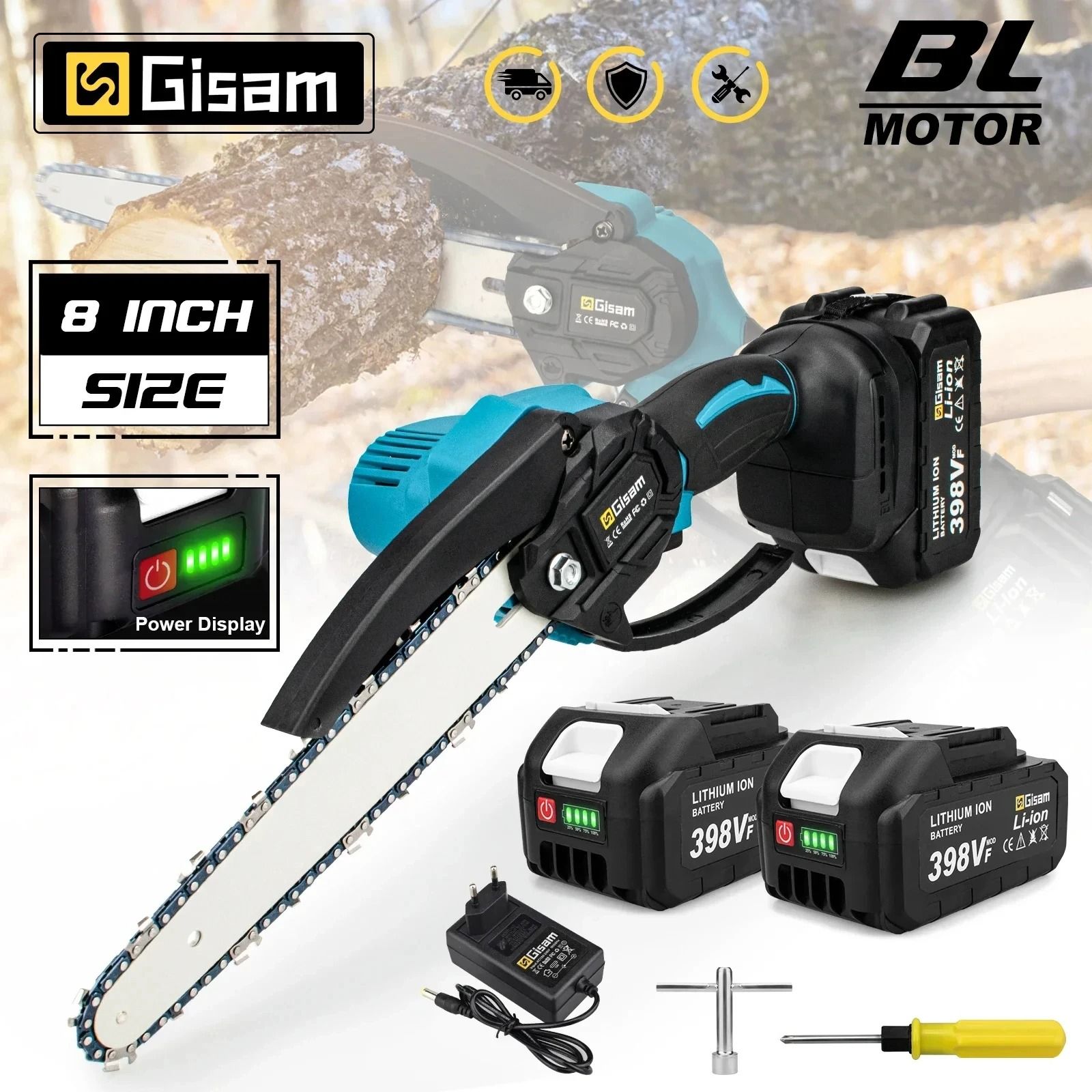 Gisam 8 Inch Brushless Electric Chainsaw Cordless Handheld Power Tool for Garden and Wood Cutting
