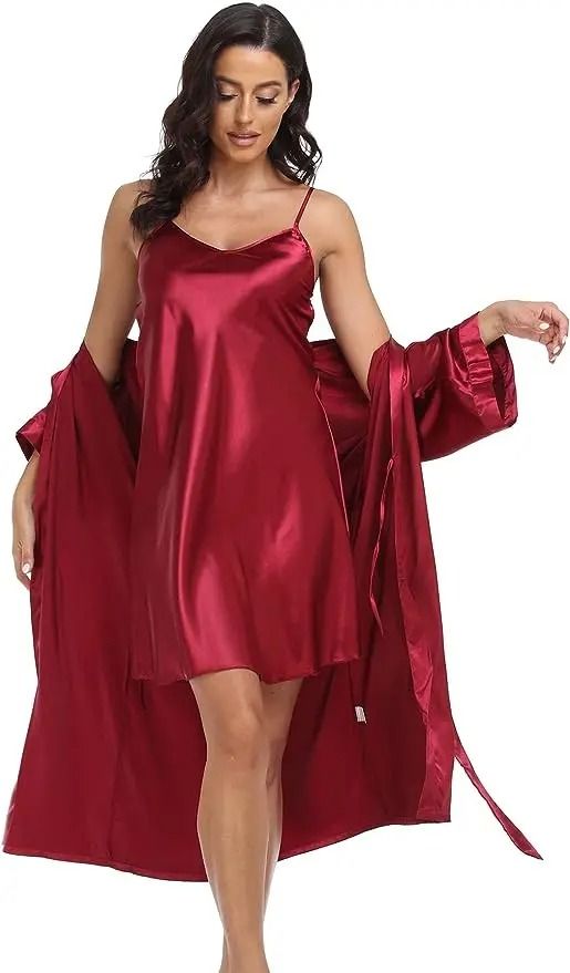 Silk Satin 2-Piece Pajama Set – Professional Sexy Silky Pj Robe with Chemise Nightgown