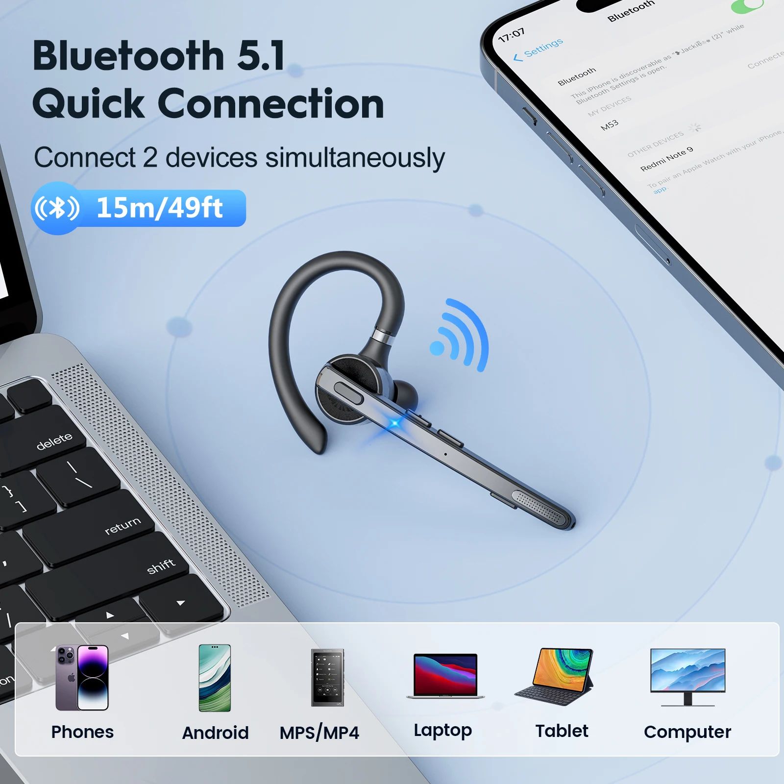 Bluetooth Wireless Headset Dual-Mic Noise Cancelling