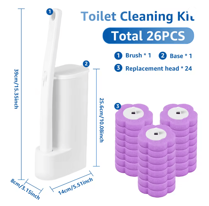 FreshClean Disposable Toilet Brush Kit Long Handle Replaceable Head Set