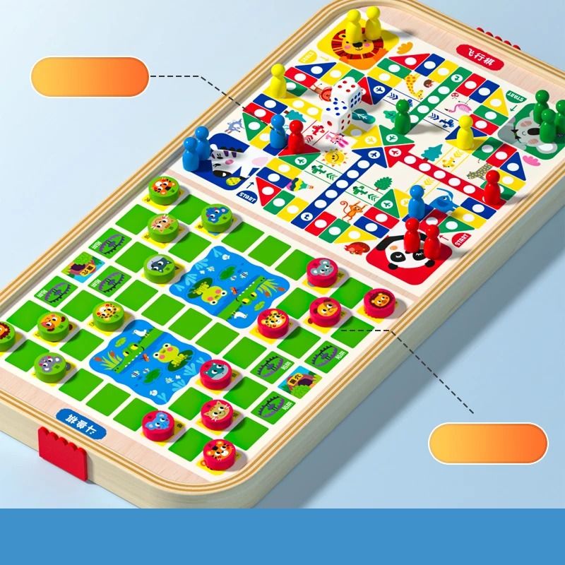 Wooden Multi Game Board Set Bounce Chess Hockey and Bowling Family Game