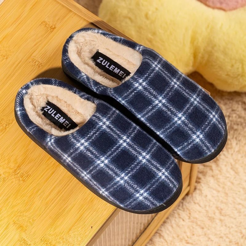 Mens Striped Warm House Fleece Non Slip Plaid Cotton Slippers Winter Indoor Shoes