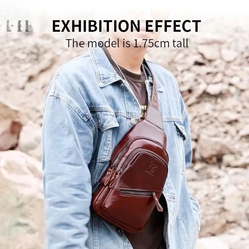 BULLCAPTAIN Mens Leather Chest Bag Large Capacity Casual Crossbody Sling