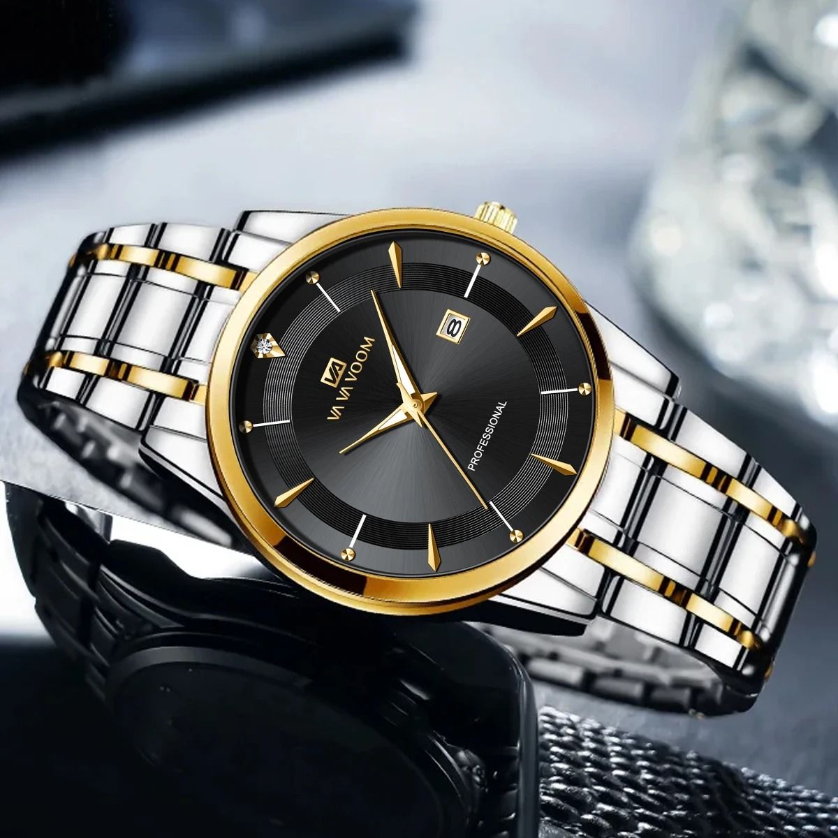 Mens Stainless Steel Rhinestone Business Watch 43mm Blue Gold Quartz