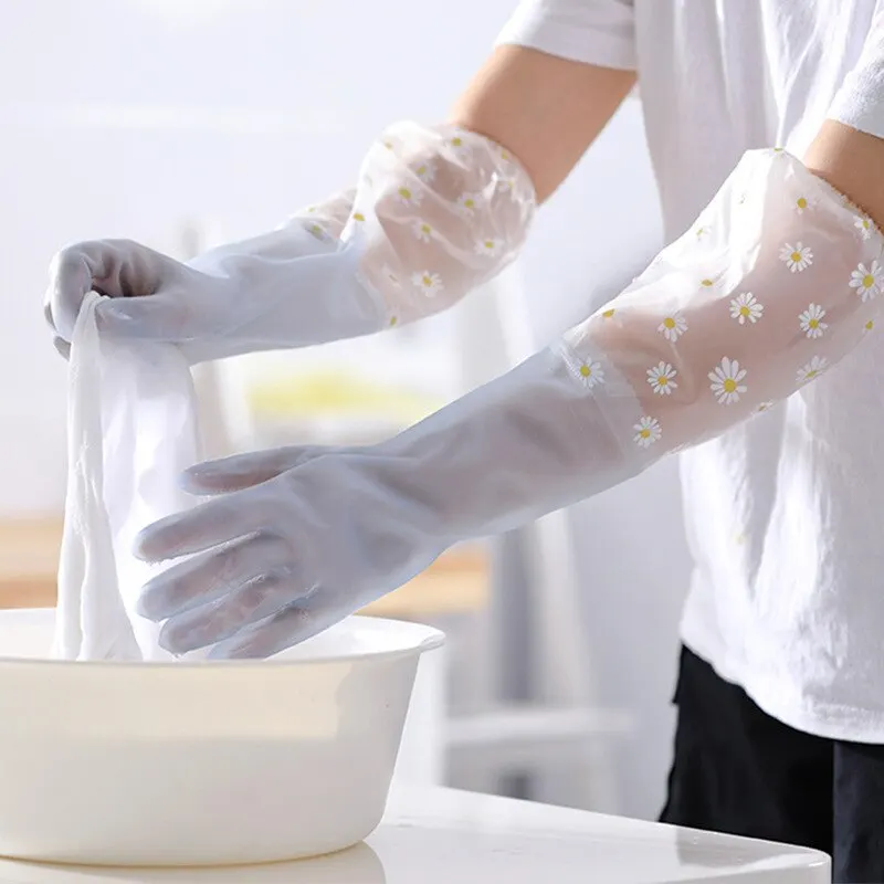 Durable Household Women's Kitchen Dishwashing Gloves, Extended Waterproof Cleaning Rubber Gloves for Laundry