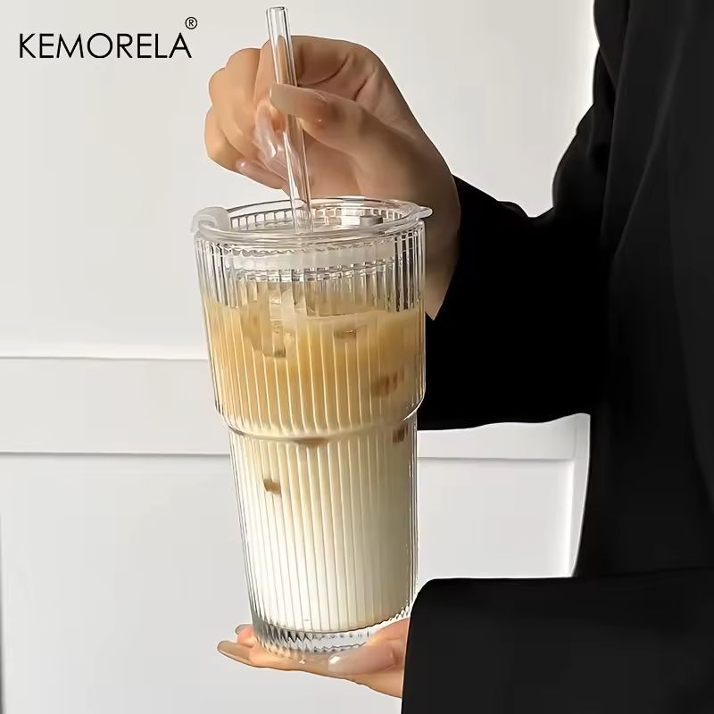 600ML Stripe Glass Coffee Cup with Lid and Straw
