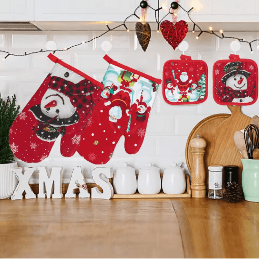 Festive Christmas Oven Gloves Heat Resistant Holiday Kitchen Mitts