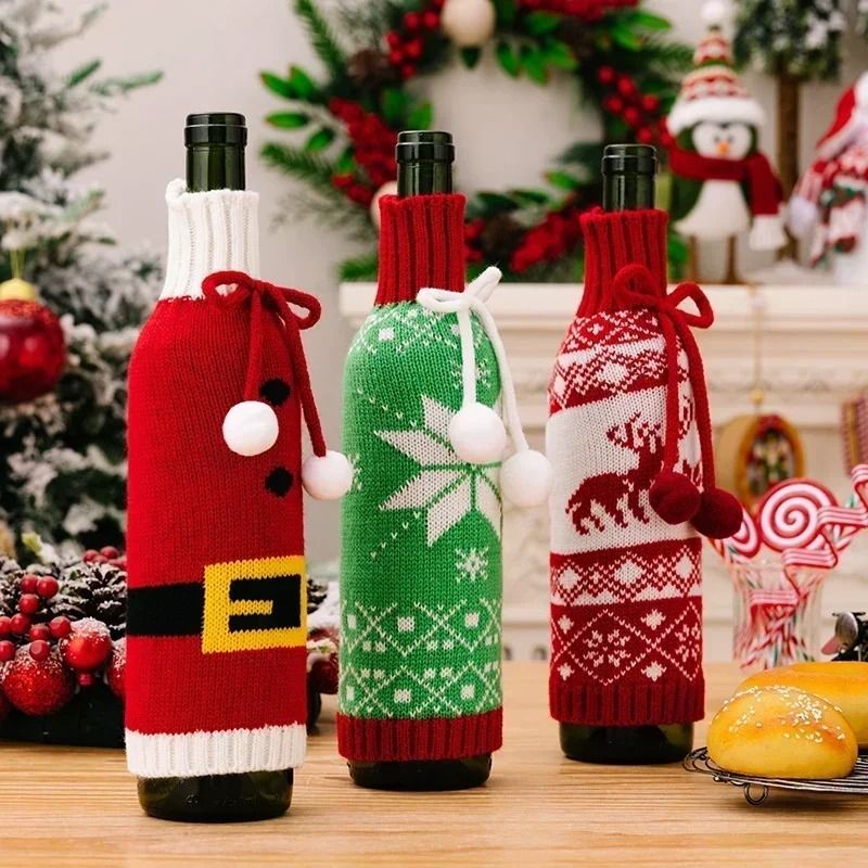 Festive Christmas Wine Bottle Covers – Cartoon Santa & Snowman Knitted Bags for Holiday Decor