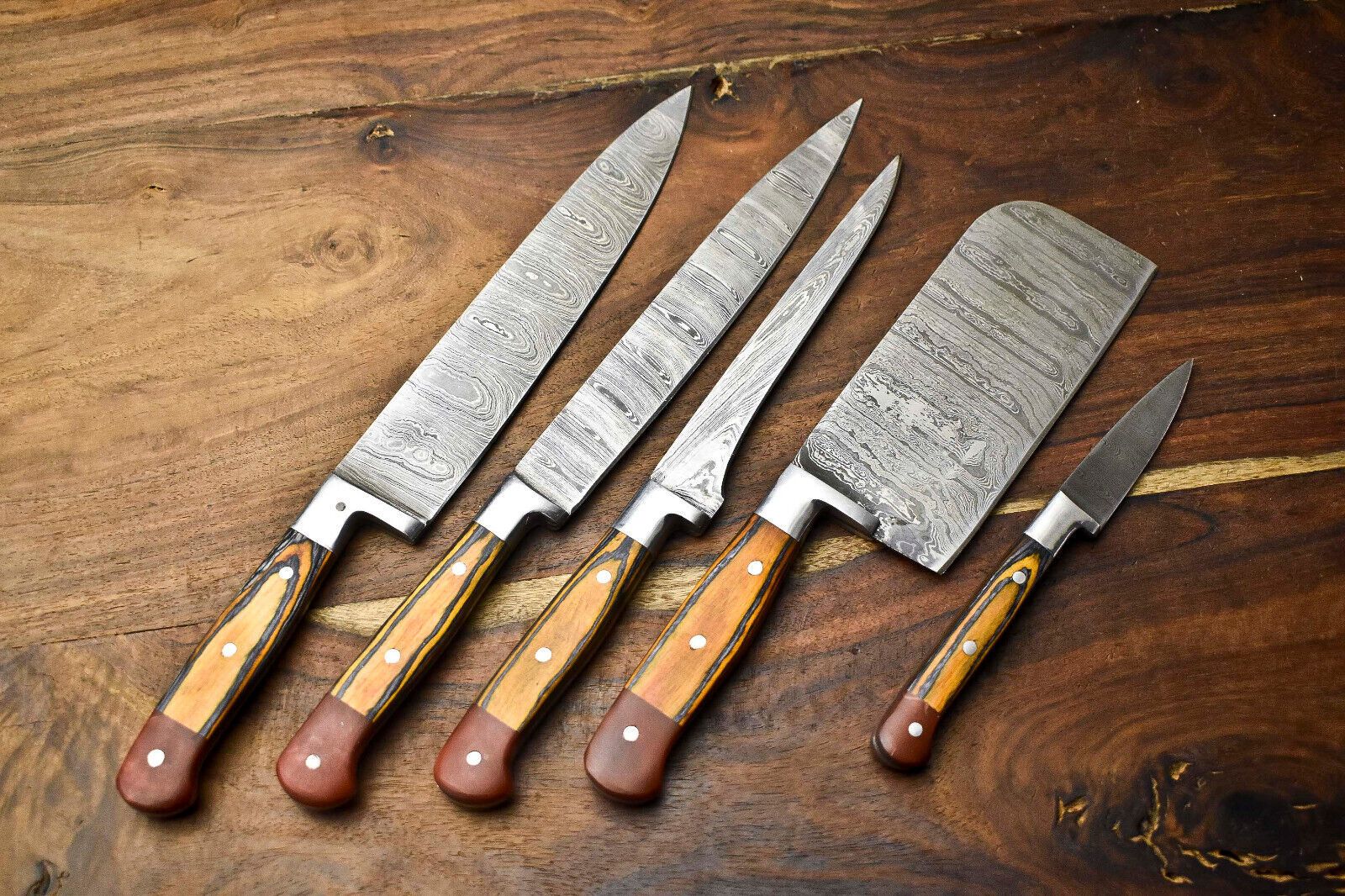 Hammered Damascus Steel Chef Knives – Lot of 5 Professional Handmade Set
