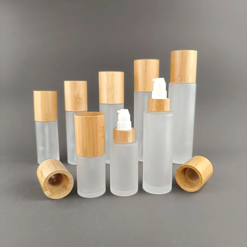 Frosted Glass Spray Bottle with Bamboo Lid – Refillable Fine Mist Lotion & Toner Dispenser