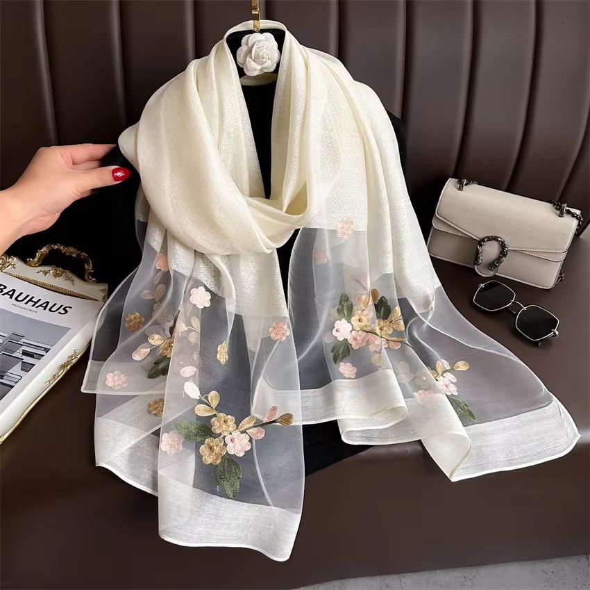Luxury Shiny Lace Hijab Scarf with Floral Embroidery Lightweight Silk Feel Shawl Wrap for Women