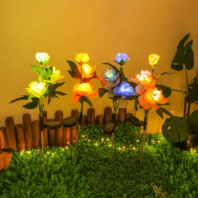 Solar Peony Flower Garden Lights – 3-Head Pink Waterproof LED Outdoor Pathway Decor
