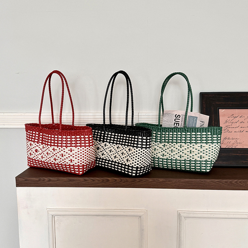 Waterproof Woven Plastic Tote Bag Durable Picnic Beach Shopping Basket