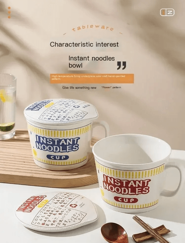 CozyServe Ceramic Noodle Bowl – Large-Capacity Instant Ramen Bowl with Lid for Home & Dorm Use