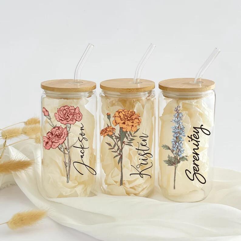 Personalized Name Cup with Bamboo Lid Straw, Custom Flower Glass Tumbler, Reusable Eco-Friendly Gift for Women