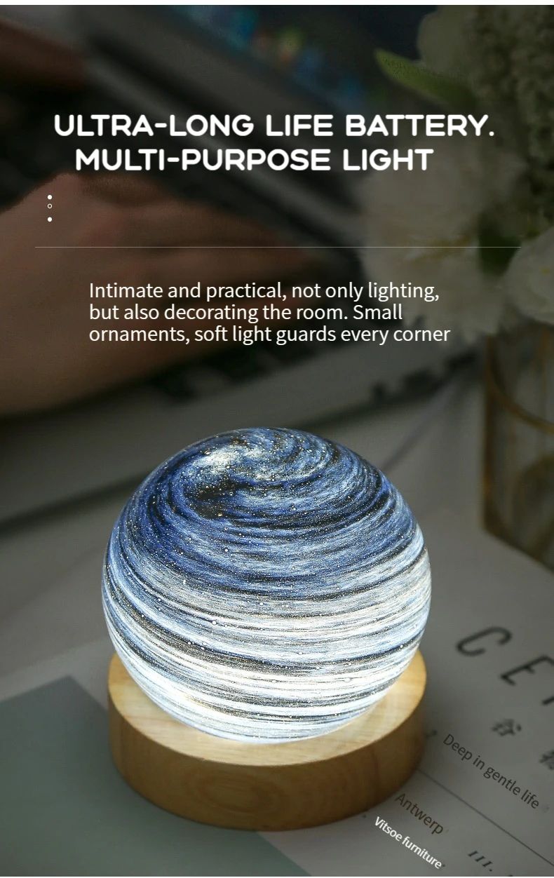 USB Powered 3D Moon Glass Night Lamp with Wooden Stand