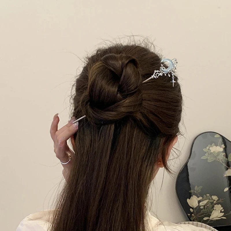Romantic Moonstone Star Hairpin, Metal Branch Hair Fork, Elegant Chinese Style Jewelry for Girls