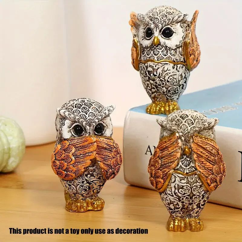 3-Piece Resin Owl Statues Set for Owl Decor and Shelf Display