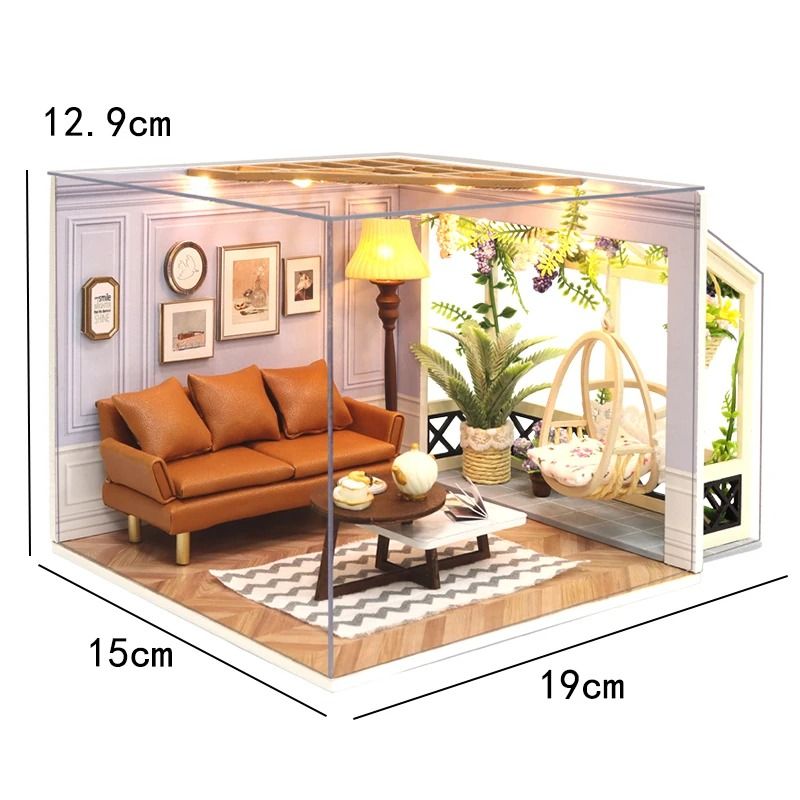 DIY Wooden Mini Dollhouse with Furniture and LED Lights