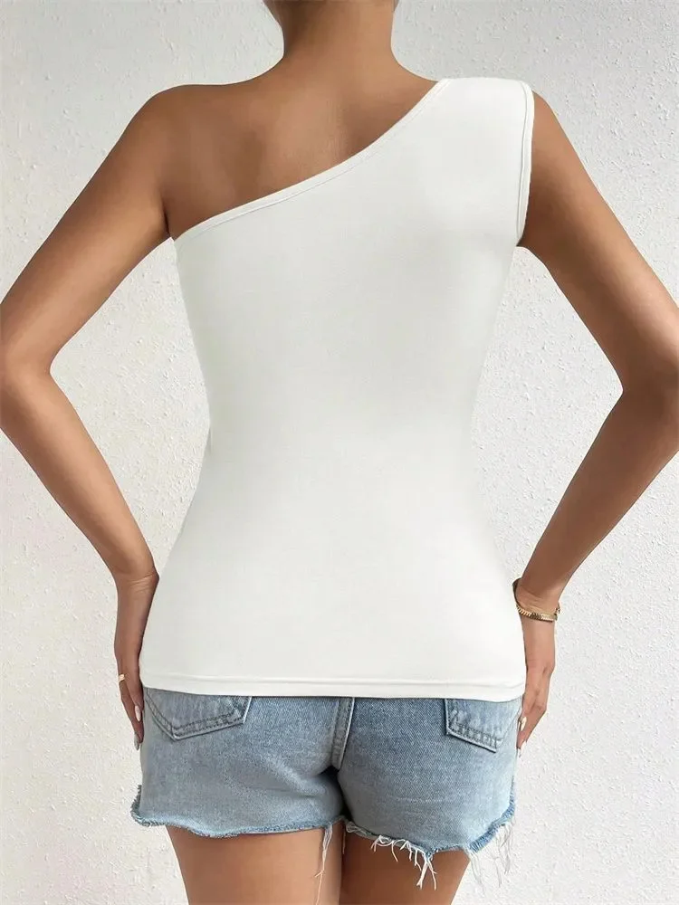 Summer One Shoulder Pleated Tank Top, Women Solid Sleeveless T-shirt, Off the Shoulder Ruched Streetwear Top