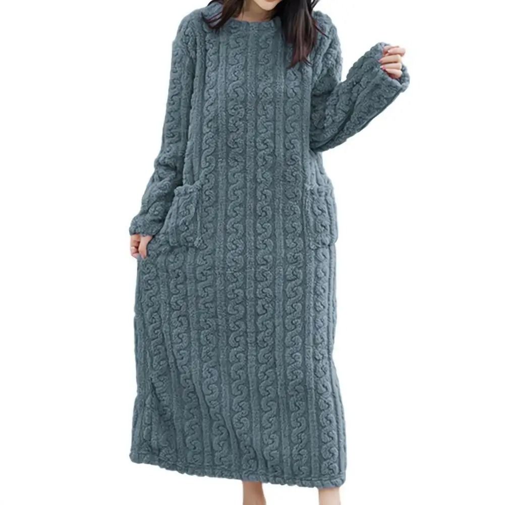 Women Winter Flannel Nightgown Long Sleeve Warm Sleepwear Dress