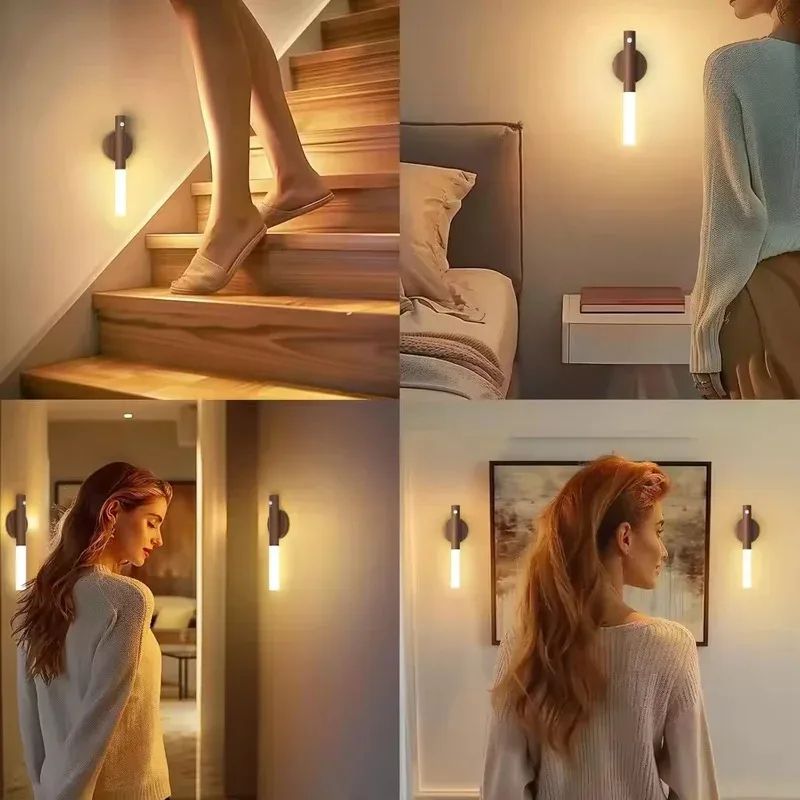 Wooden Motion Sensor Night Light, USB Rechargeable Magnetic Wall Light for Stairs & Bedroom