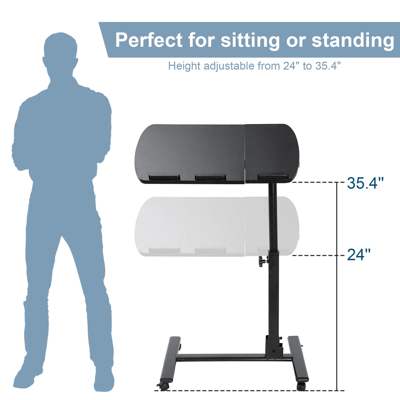 Adjustable Rolling Laptop Desk with Tilting Tabletop and Overbed Design