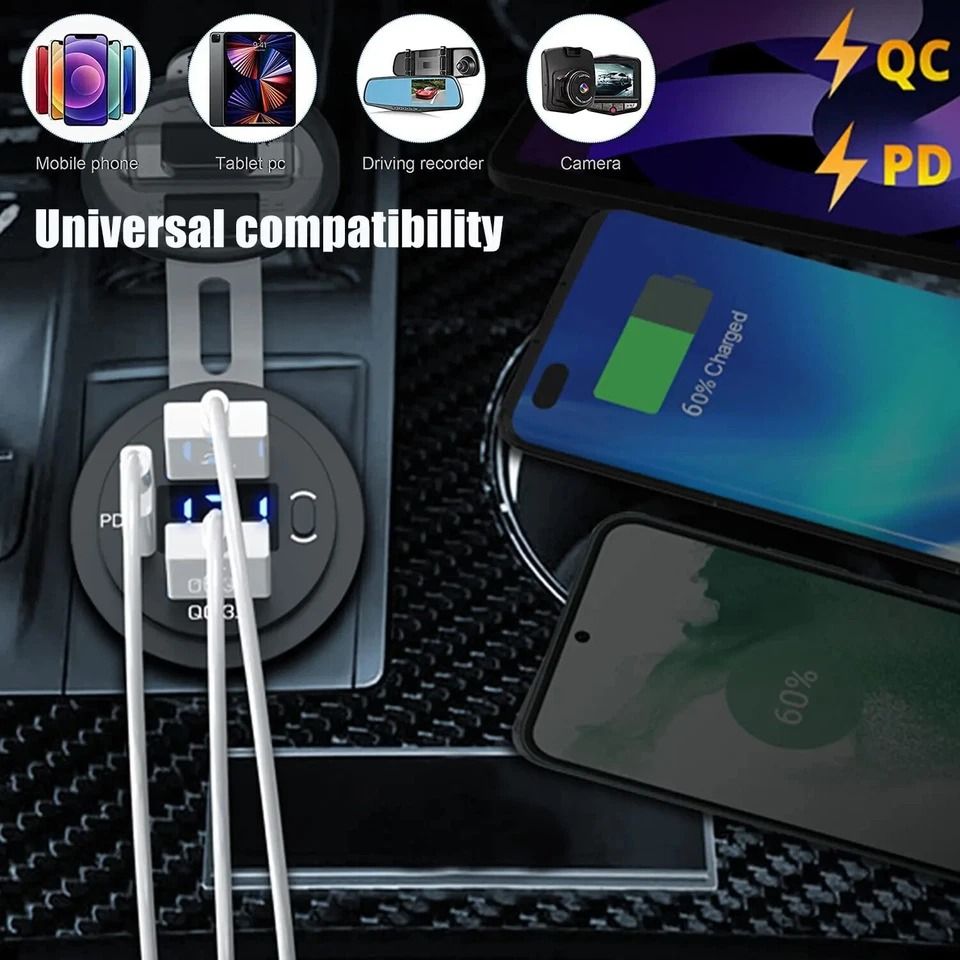 Car Fast Charger, PD QC Dual USB Power Socket Outlet with LED Voltmeter, Waterproof, Charging Power