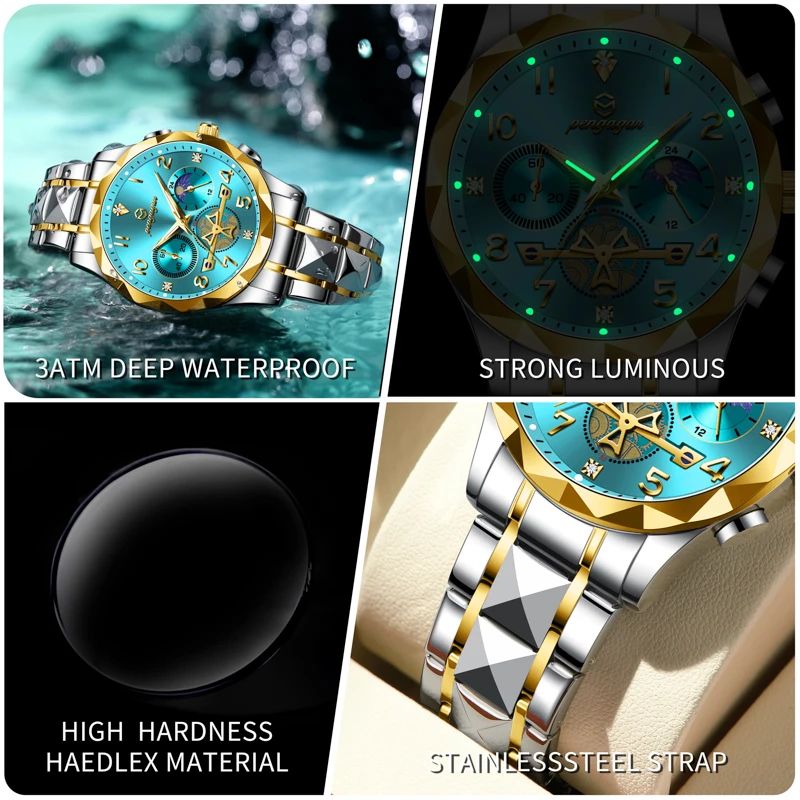 PAAZOMU Luxury Stainless Steel Men's Chronograph Quartz Watch with Moon Phase