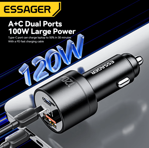 Essager 120W PD Car Charger QC 4.0 & PD 3.0 Fast USB C Adapter