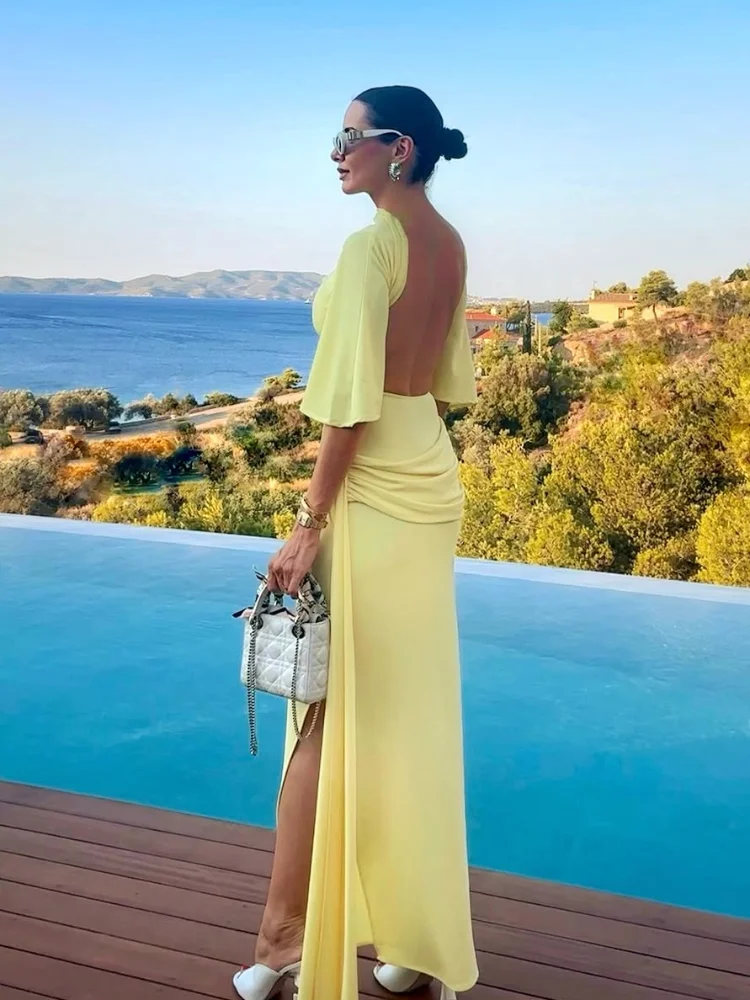 Women's Solid Yellow Backless Maxi Dress, Elegant Split Slim Fit, Pleated Half Sleeve Long Dresses, High Street Summer