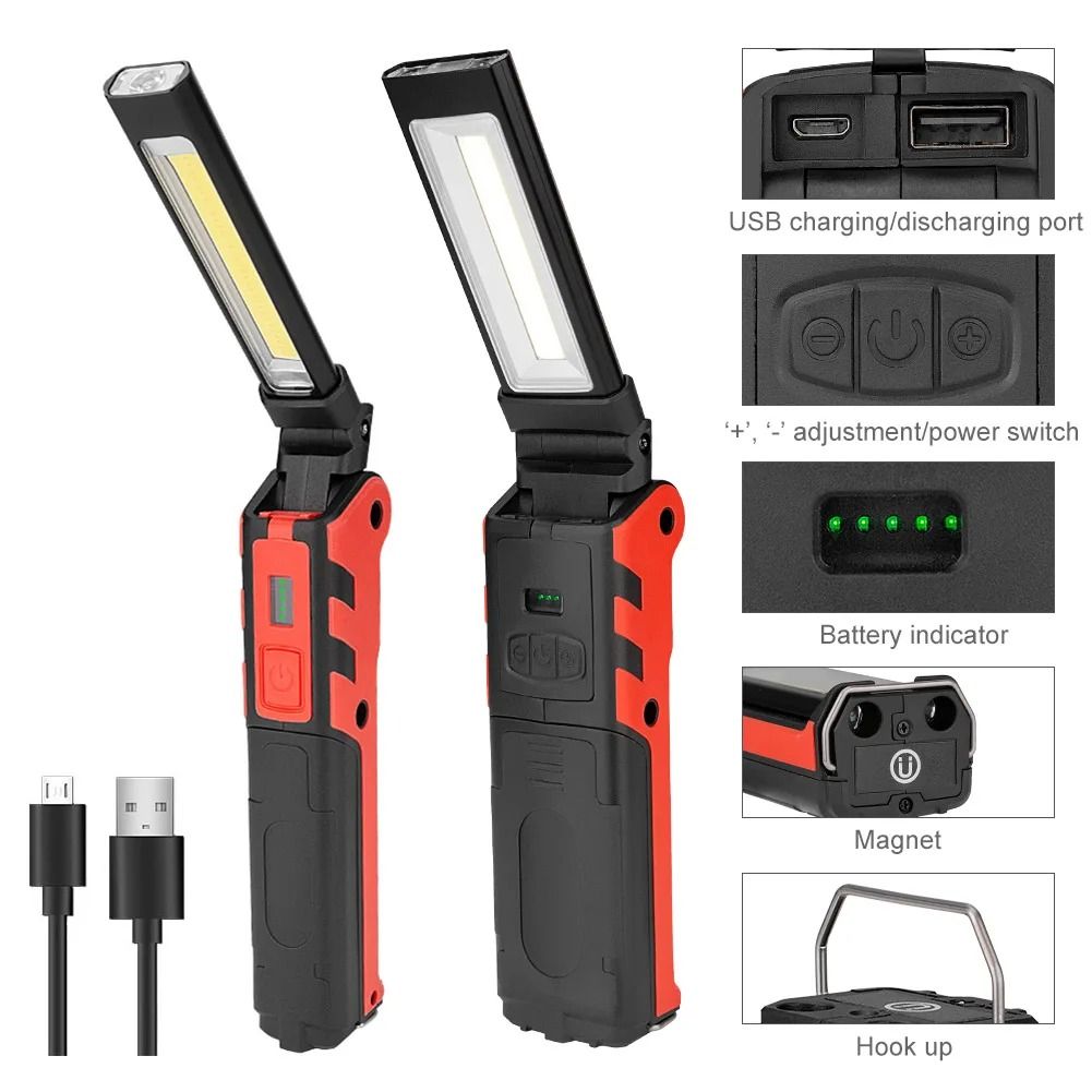 COB LED Work Light USB Rechargeable Flashlight with Magnetic Hook and Power Bank