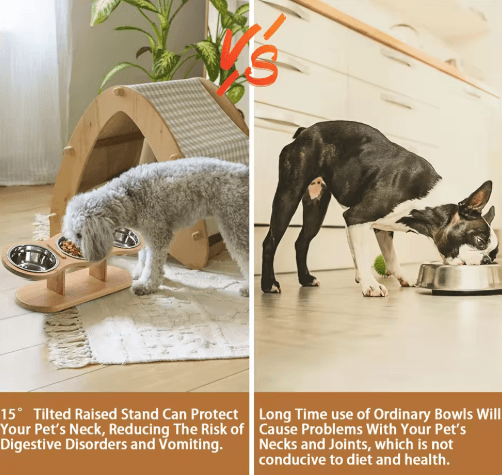 Raised Cat Feeder with 3 Stainless Steel Bowls 15° Ergonomic Wooden Feeding & Watering Station