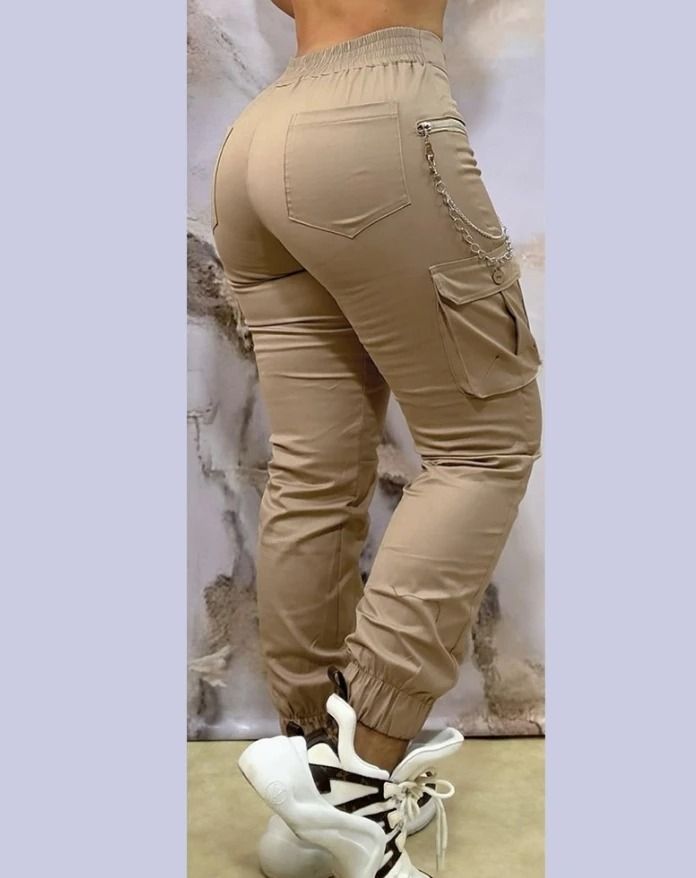 Womens Autumn Winter Cuffed Cargo Pants Casual Work Pants Chain Decor