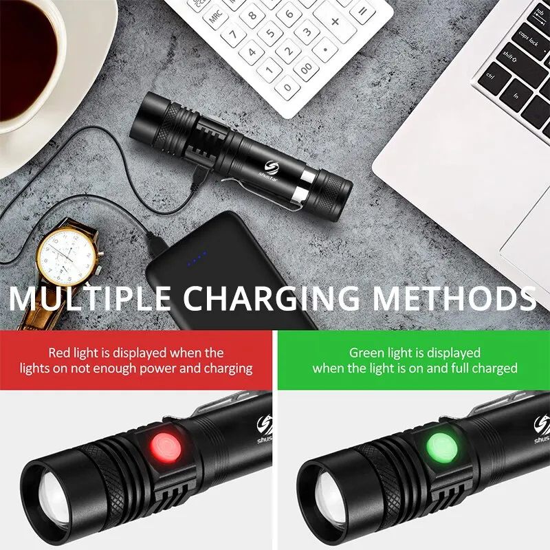High-Power Zoomable LED Flashlight with USB Rechargeable Battery and 4 Lighting Modes