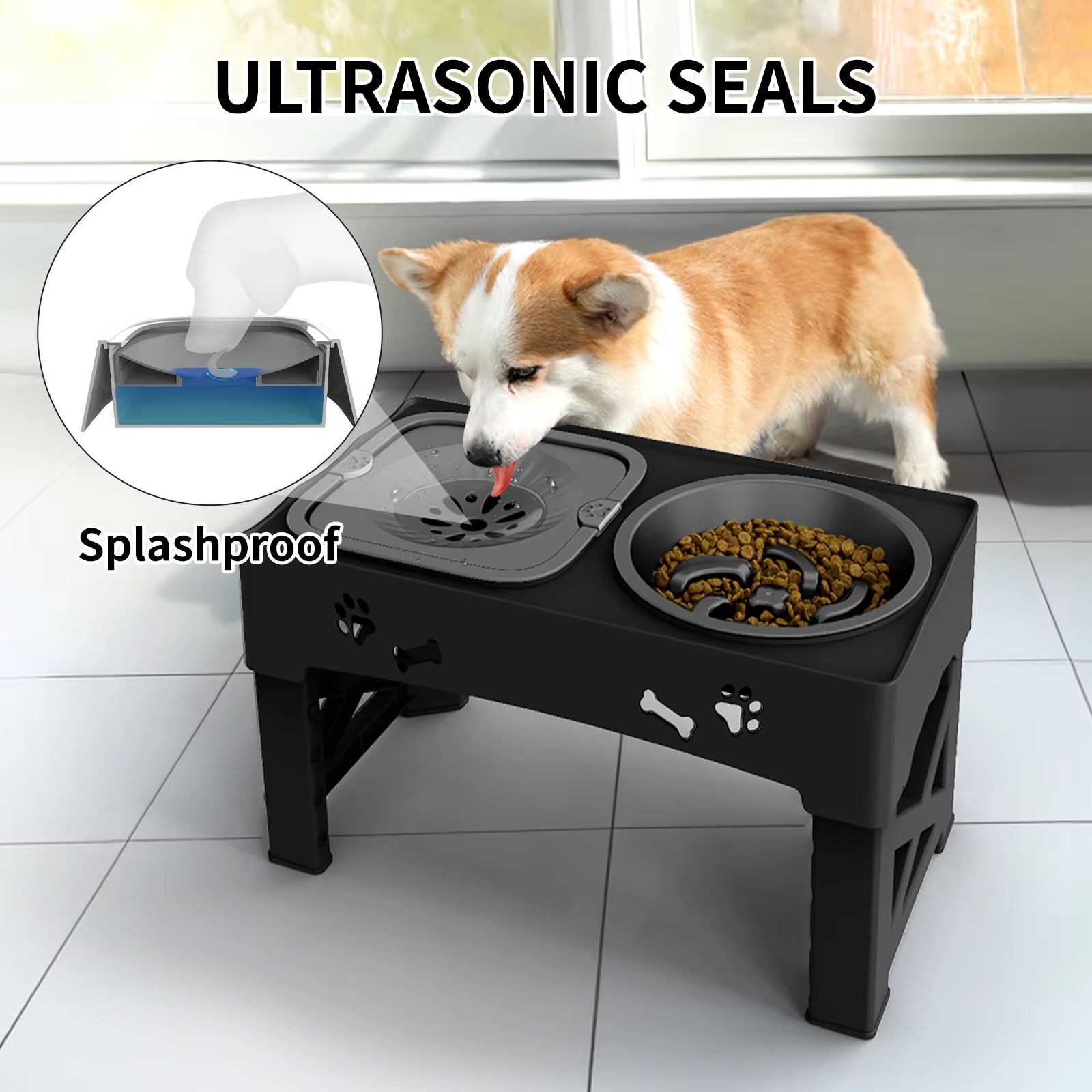 3-in-1 Adjustable Pet Feeder with Double Bowls, Slow Feeder Design, and Foldable Stand