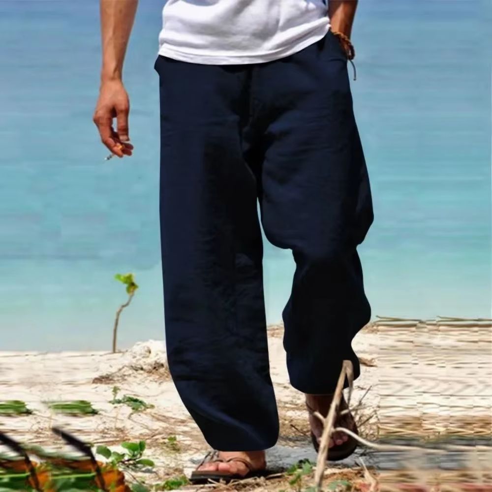 Breathable mens beach pants in Cotton-Linen - Loose Straight Summer Trousers