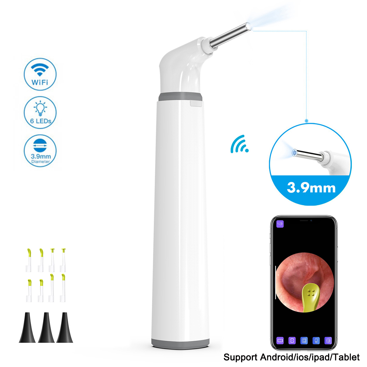 Wireless Otoscope Ear Camera HD with LED Lights for Adults & Kids, Supports iPhone & Android