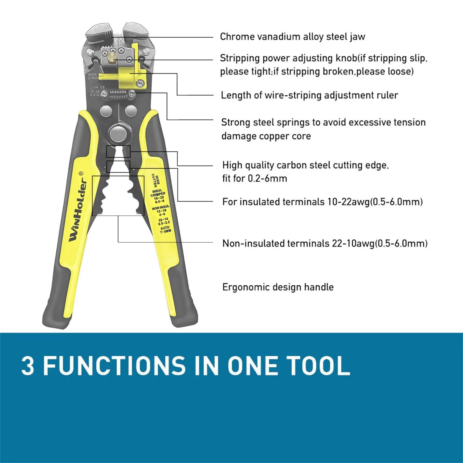 Automatic Wire Stripper Cutter Crimper - Professional Electrician Cable Tool, 10–24 AWG Multifunction Pliers