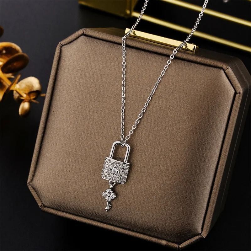 Zircon Crystal Lock and Key Pendant Necklace