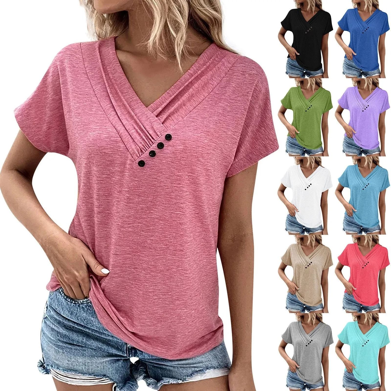 Womens Oversized V Neck Short Sleeve Solid Cotton Linen Tee