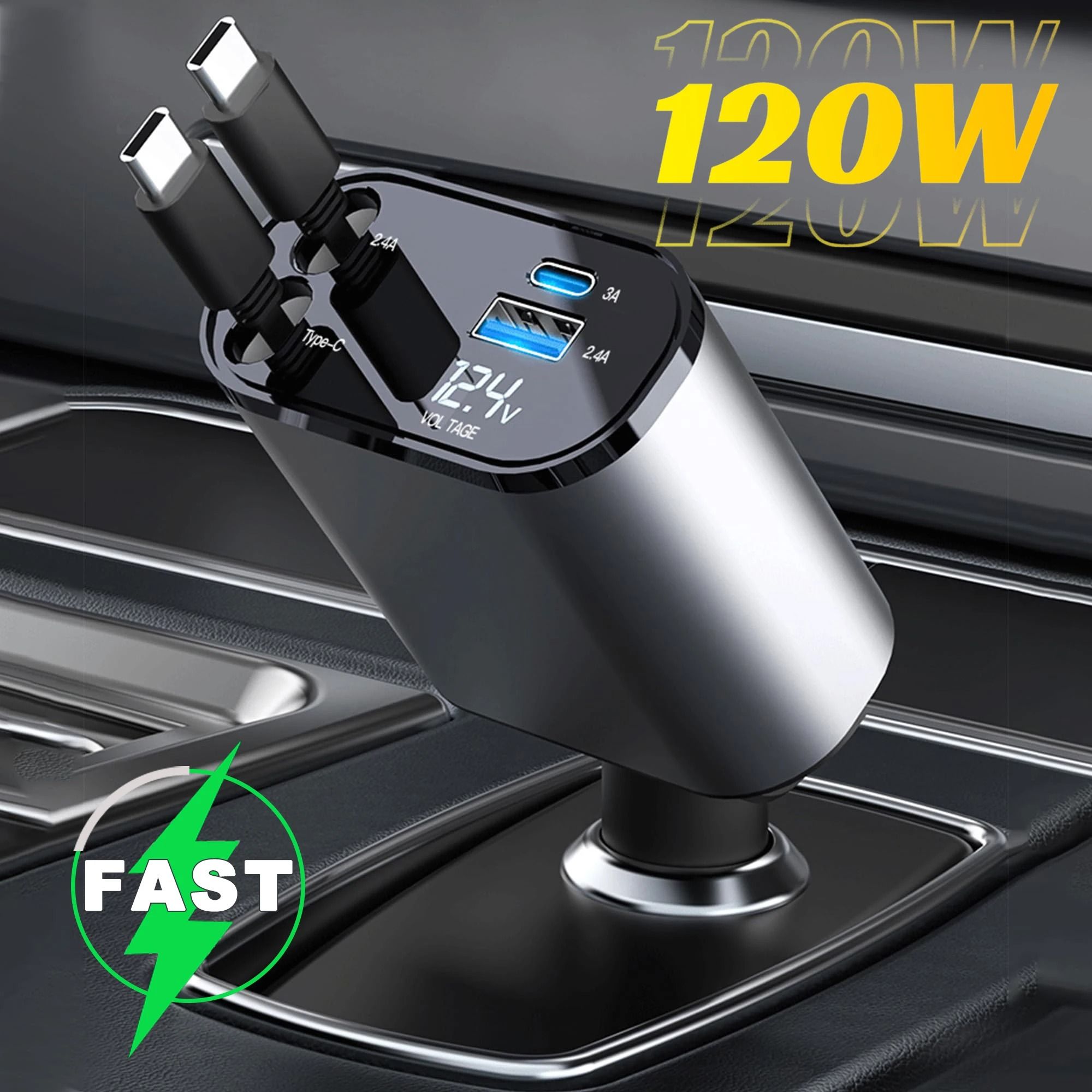 4 in 1 Retractable Car Charger Fast Charging USB PD Type C QC Adapter